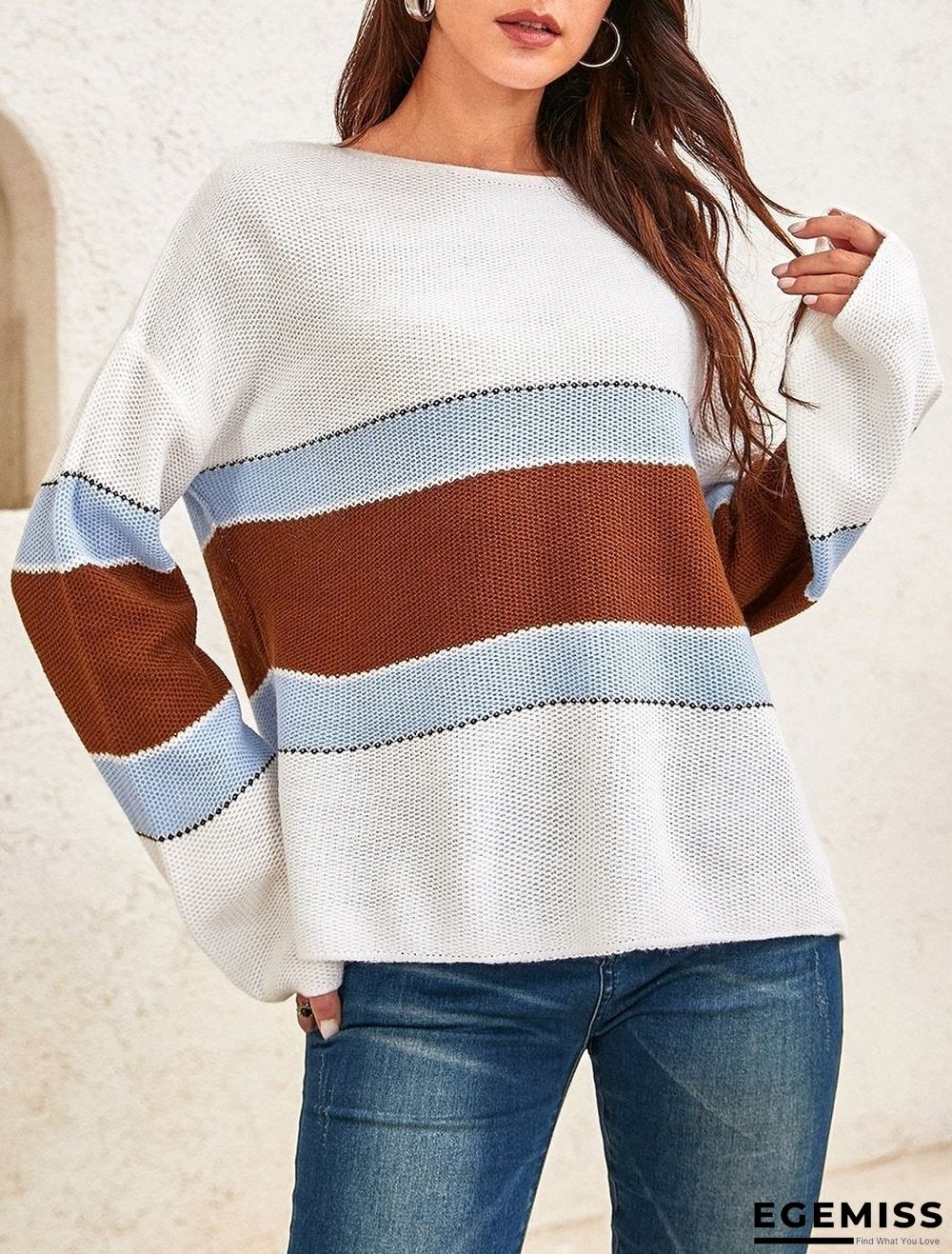 Ladies Color Striped Loose Long Sleeve Sweater | EGEMISS