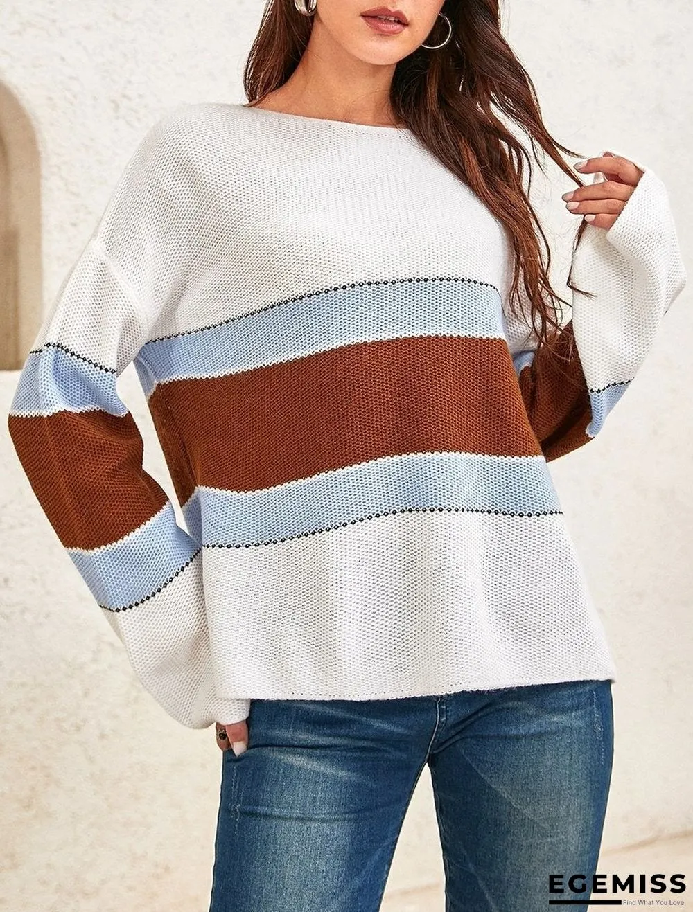Ladies Color Striped Loose Long Sleeve Sweater | EGEMISS