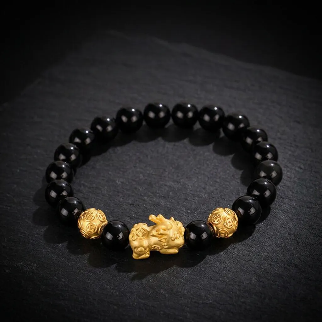 JiStones Obsidian & 999 Silver Pixiu Prosperity Bracelet Classic 8mm Bead - Subtle & Refined