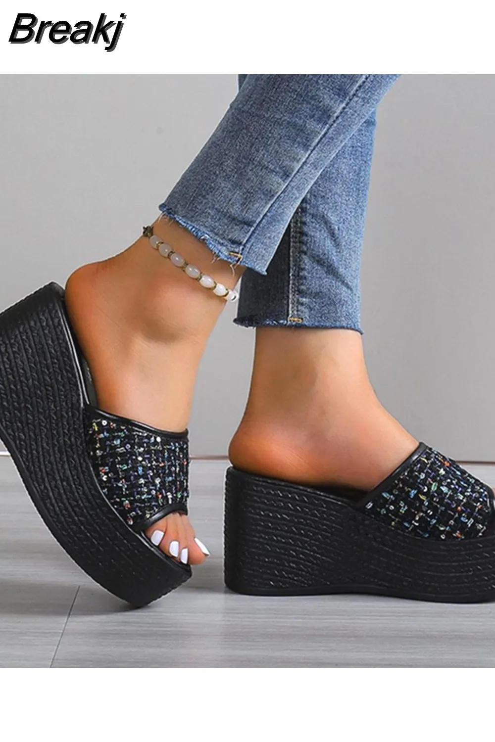 Breakj Wedge High Heeled Women Sandals New Arrived 2023 Bling Sequin Lady Slipper Peep Toe Comfort Walk Causal Sandals Plus Size