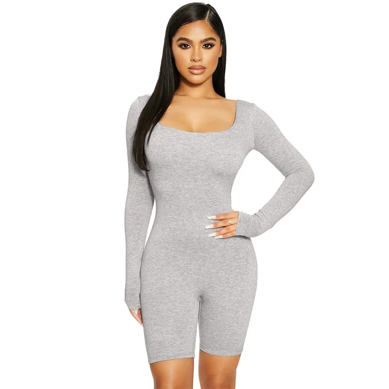Hugcitar 2021 Long Sleeve Bodycon Stretchy Playsuit Summer Women Fashion Streetwear Outfits Romper White Body
