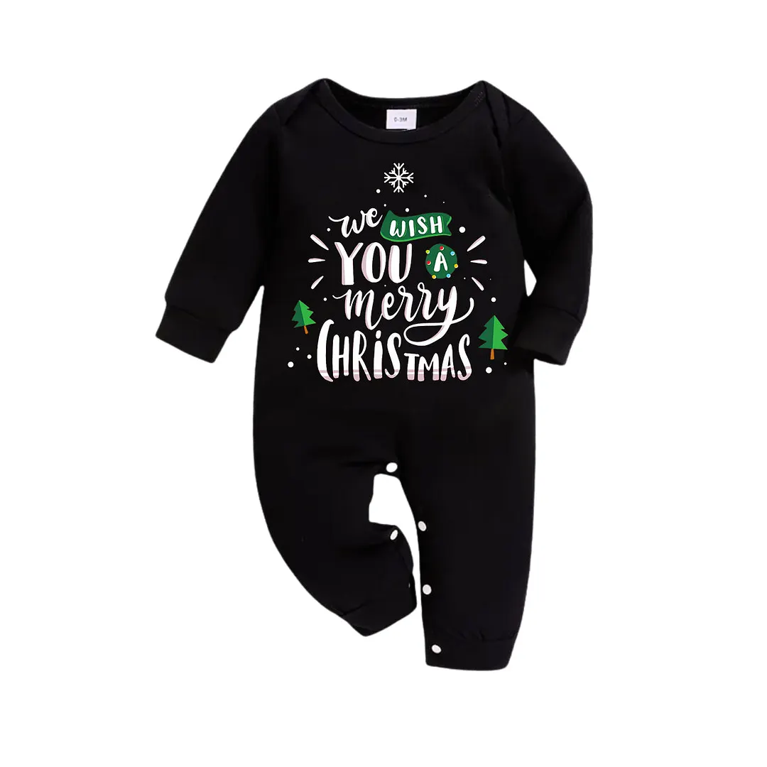"We Wish You a Merry Christmas" With Pine Trees Pattern - Black Top with Red & Green Plaid Pants Family Matching Pajama