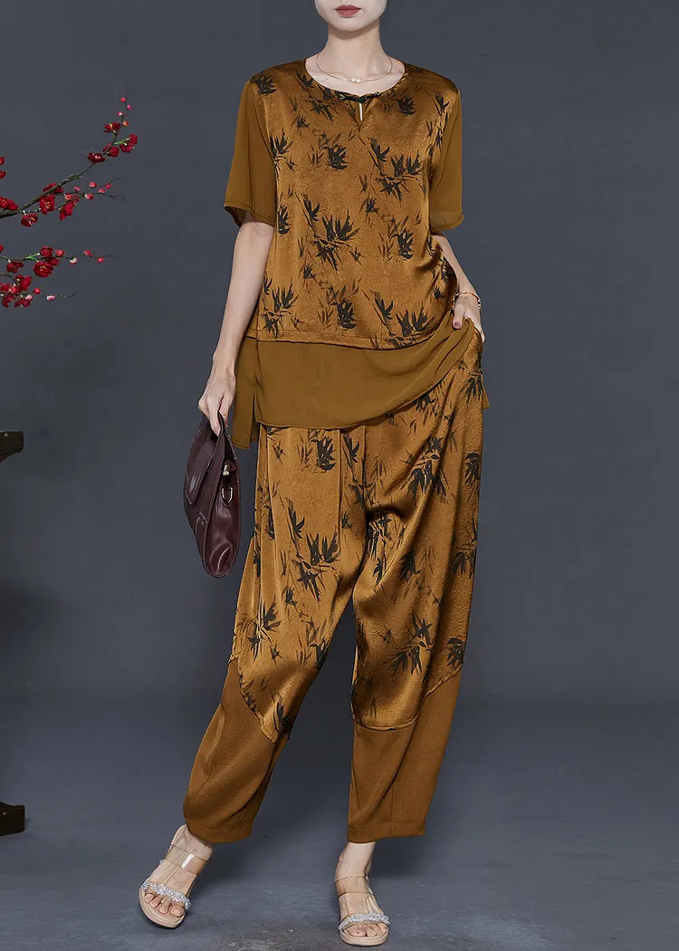 Vintage Yellow Print Patchwork Silk Two Pieces Set Summer