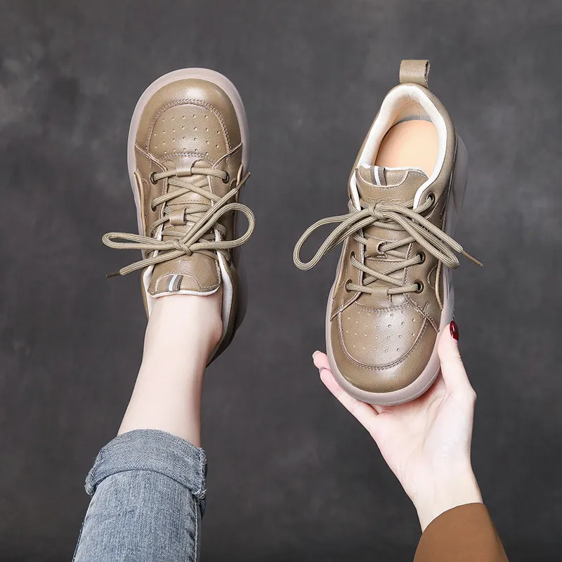 Yyvonne Layer Of Cowhite Casual Lace Handmade Women's Shoes New Leather Flat-Bottomed Sports Wind Soft Sole Shoes Wear Low Heel