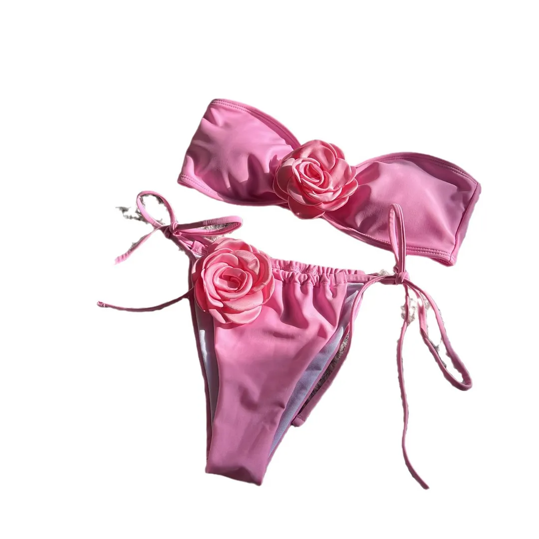 Uveng 2024 New Solid-Colored Rose Breast Drawstring Strap Split Swimsuit Bikini9150
