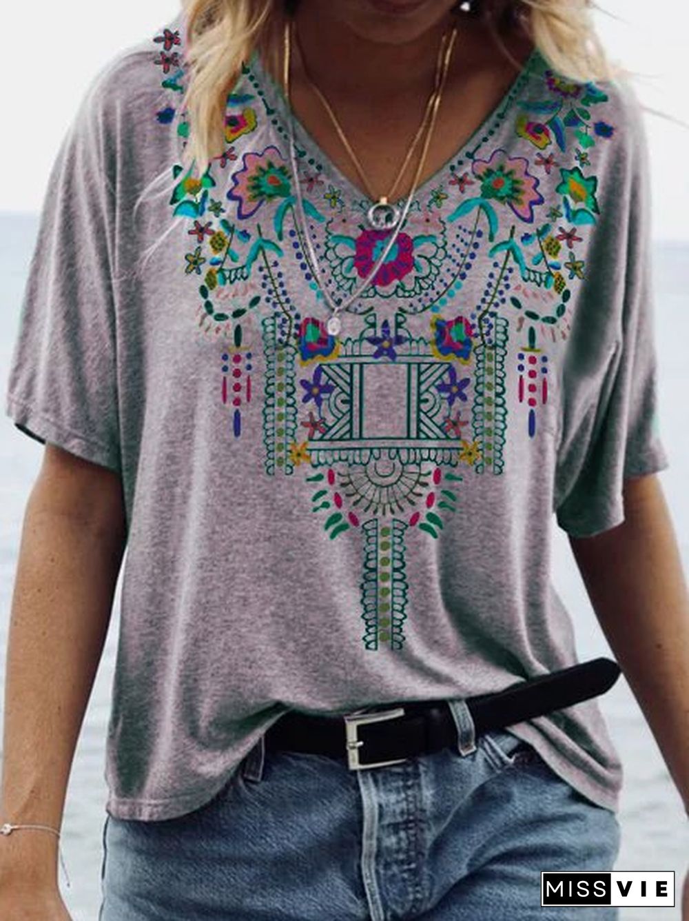 Women Boho Vintage Cotton Floral V Neck T-Shirts