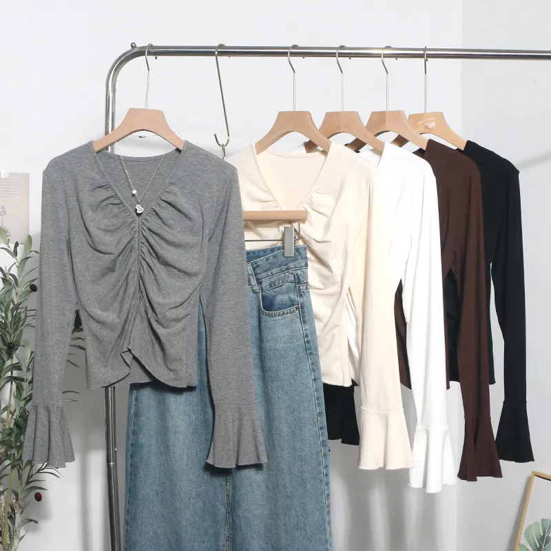 Churchf Real Shooting 2024 Autumn Dress Sexy V-Neck Folded Open Fork Short High-Waisted T-Shirt Horn Long Sleeve Bottom Top 161