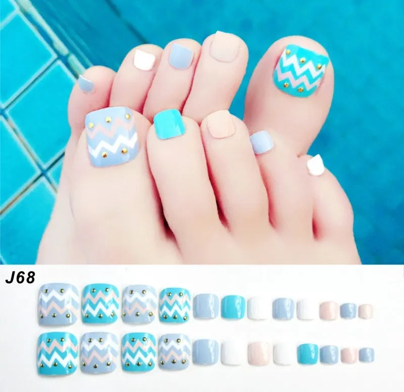 24Pcs Pretty Summer Beach Toes False Nails Rhinestone Pre-design Full Cover Red Foot Artificial Fake Nails with Glue Nail Beauty-Nail Inspo
