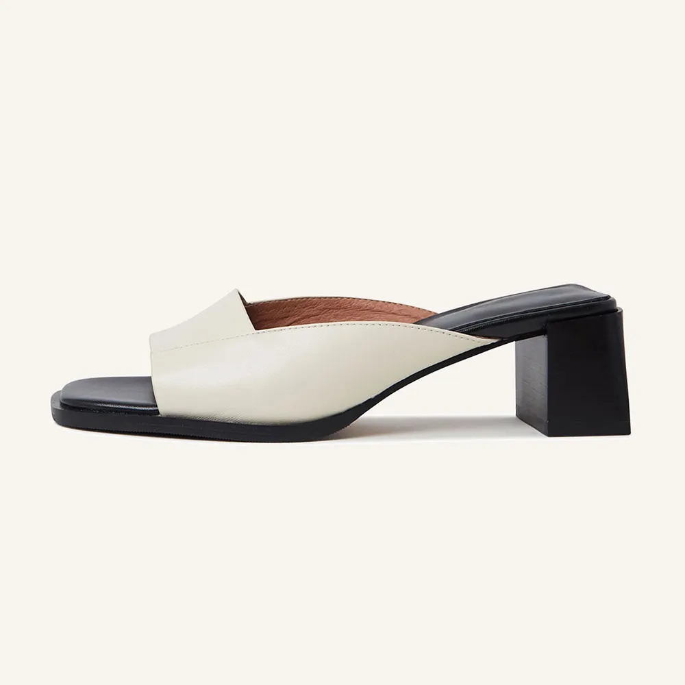White & Black Vegan Leather Open-Toe Classic Block Heeled Mules