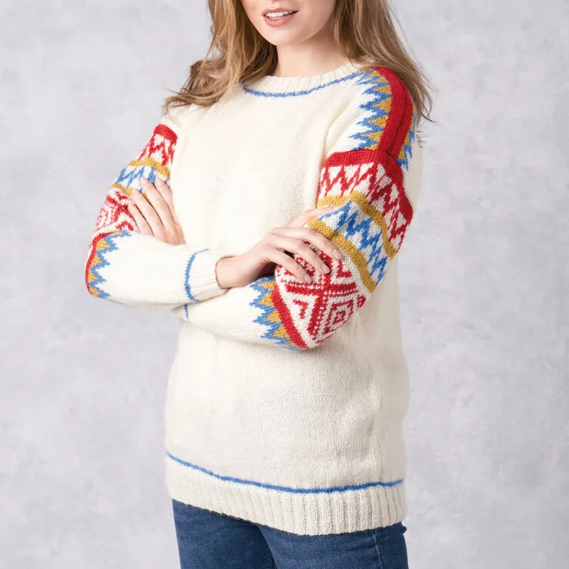 Beige Contrast Color Thread Jacquard Iceland Sweater