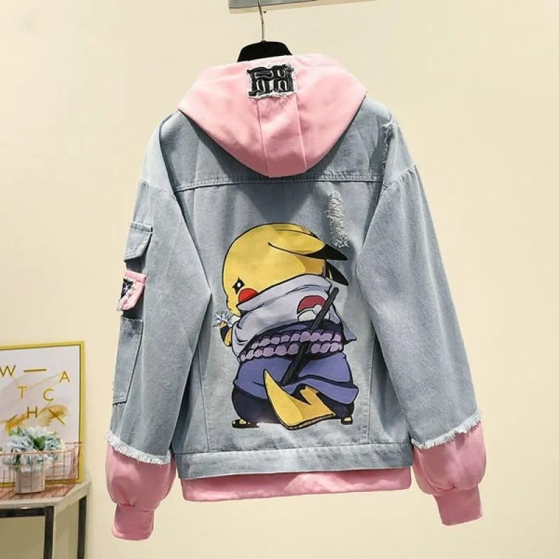 Fake Two-piece Hooded Denim Jacket Women Korean Loose Wild 2021 Autumn Winter New Chaqueta Mujer Hole Patch