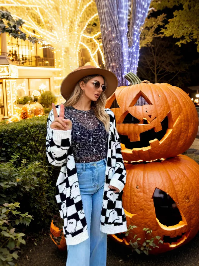 Athvotar Athvotar Ghost Pattern Long Knitted Open Shirt In Autumn And Winter Long Loose Sweater Coat Woman