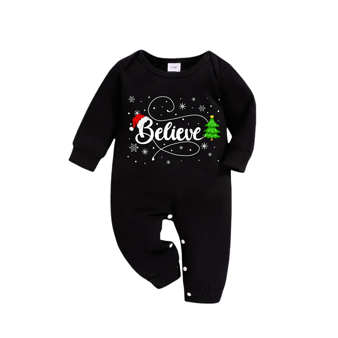 Belive Text and Santa Hat Pattern Black Top Red and Green Plaid Family Matching Pajamas