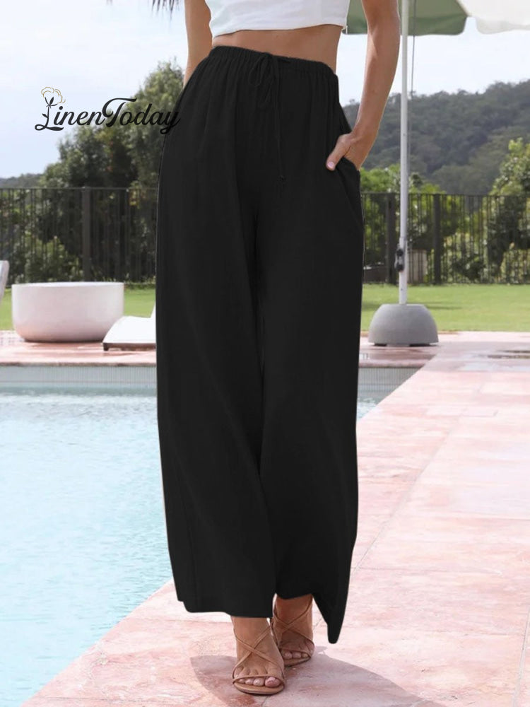 Women&rsquo;s Solid Color Loose Elegant Casual Simple Cotton And Linen Pants Black / S