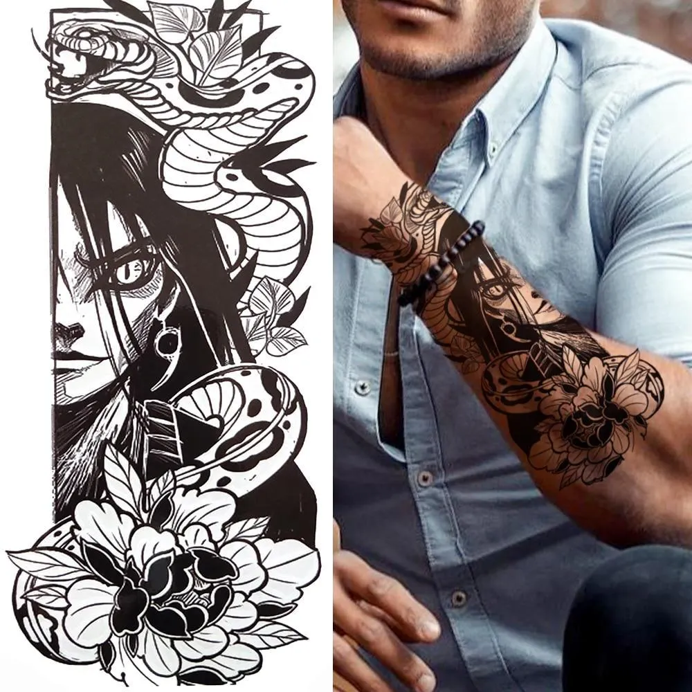 Sexy Rose Lion Flower Temporary Tattoos For Women Men Kids Boys Realistic Fake Wolf Tattoo Sticker Black Cross Compass Tatoos 1108-1
