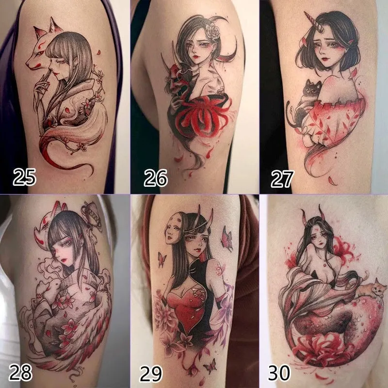 2/4/6 Pieces Japanese Geisha Beautiful Princess Nine-tailed Demon Evil Clown Waterproof Lasting Arm Wrist Tattoo Stickers
