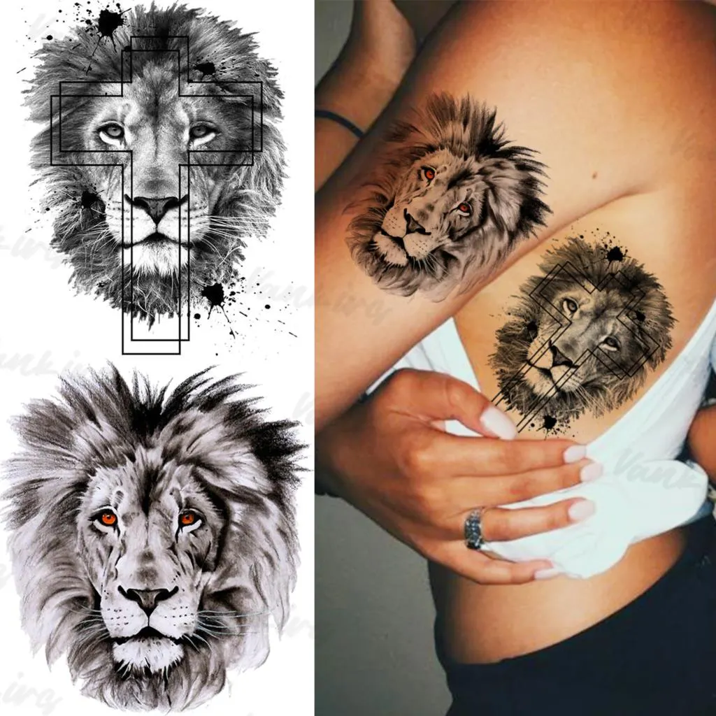 Sdrawing Lion Knight Temporary Tattoos For Men Adults Realistic Tiger Skeleton Fake Tattoo Sticker Arm Water Transfer Tatoos 3D