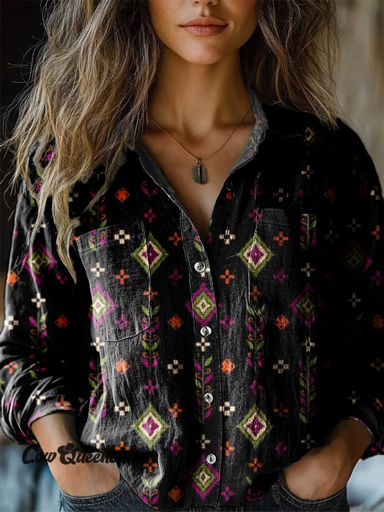 Women&rsquo;s Vintage Ethnic Flower Print Casual Long Sleeve Comfortable Cotton Shirt Multicolor / S