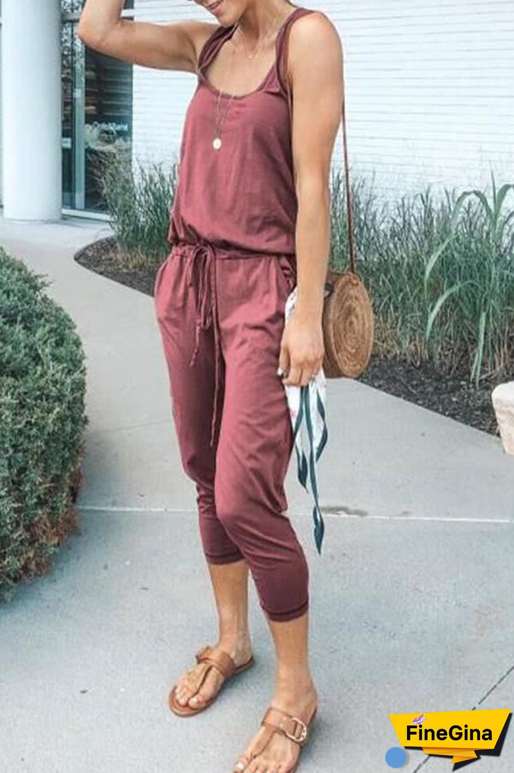 Sleeveless Solid Color Casual Pocket Jumpsuit