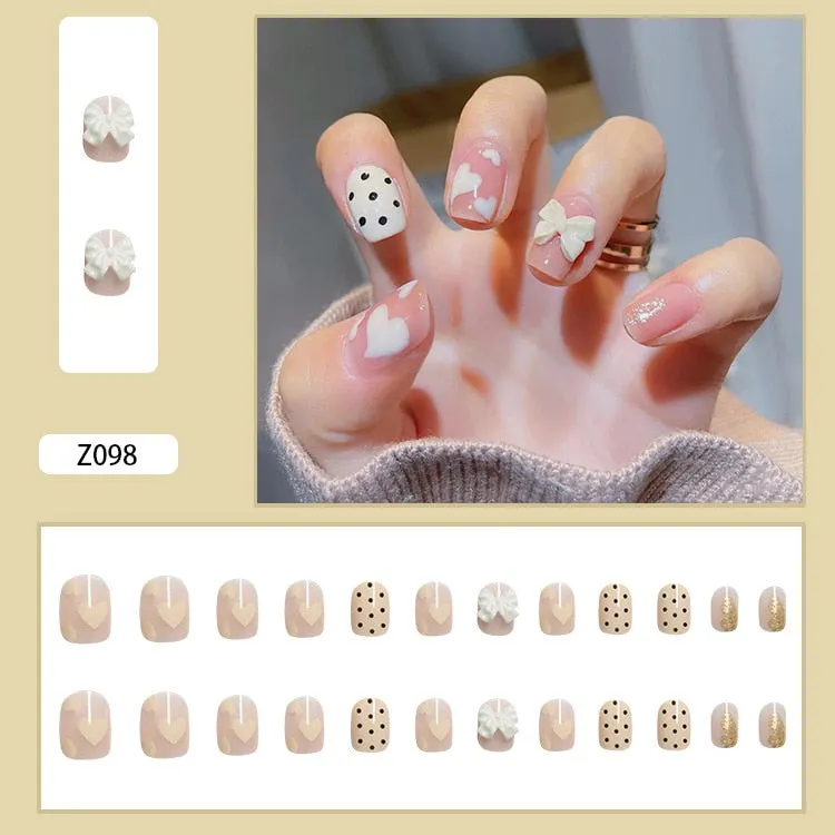 24pcs/box Fake Nails With Glue Yellow Flower Printed Type Short Paragraph Fashion Manicure Press On False Nails Gifts For Girls-Nail Inspo