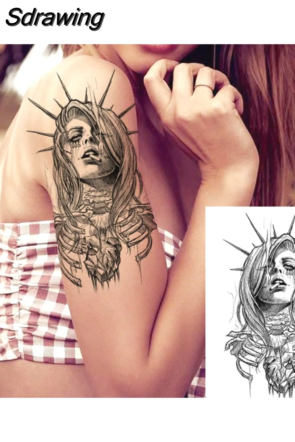 Sdrawing Peony Flower Temporary Tattoos For Women Adults Realistic Compass Moon Pendant Fake Tattoo Sticker Arm Body Tatoos 507-1