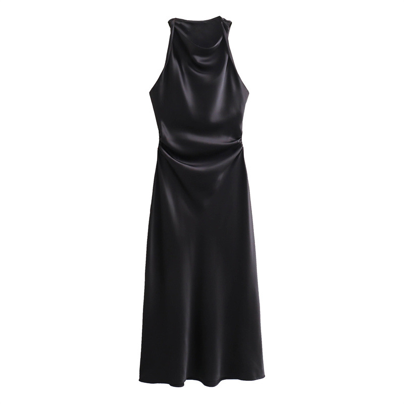 Cowl Neck Satin Back Cross Long Dress