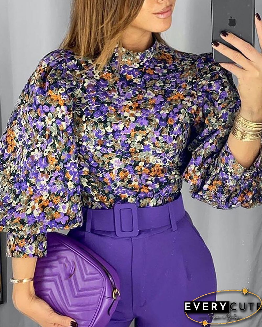 Floral Print Lantern Sleeve Top