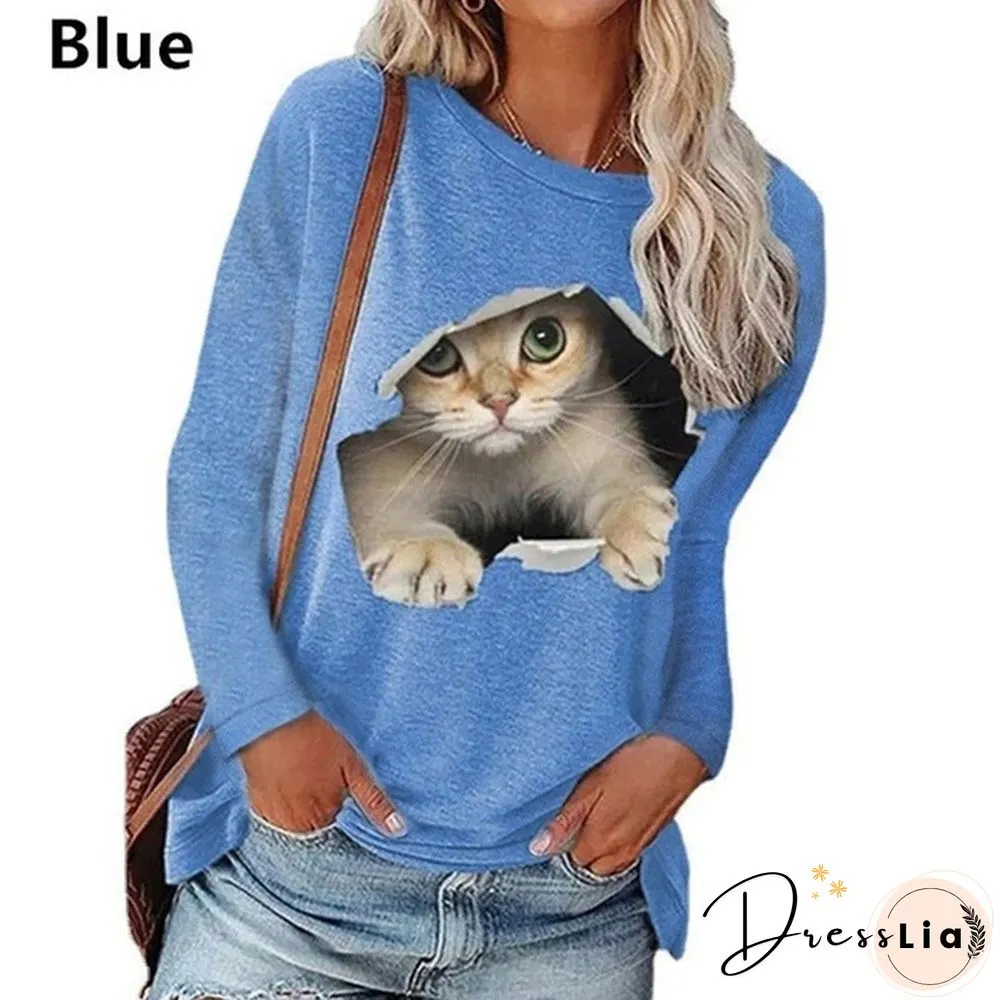 XS-5XL Plus Size Fashion Women Spring and Autumn Casual T-shirts Long Sleeve Hoodies Cute Cat Print Pullover Tops Round Neck Tops