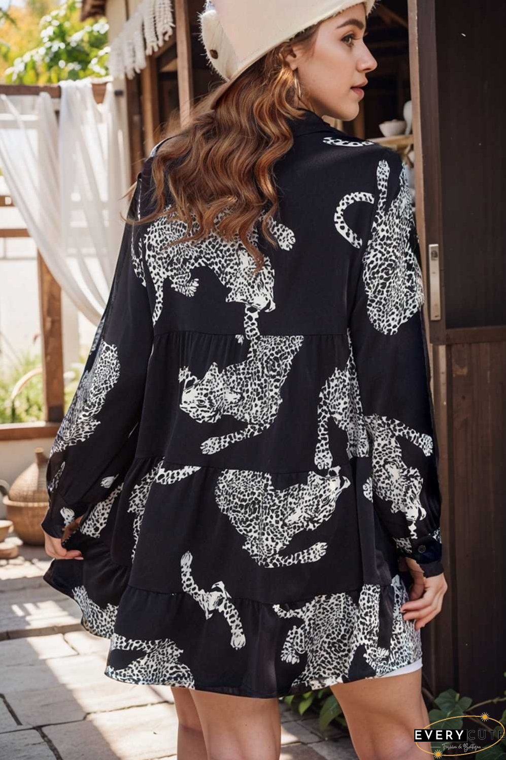 leopard print collared button up shirt dress with ruffled sleeves