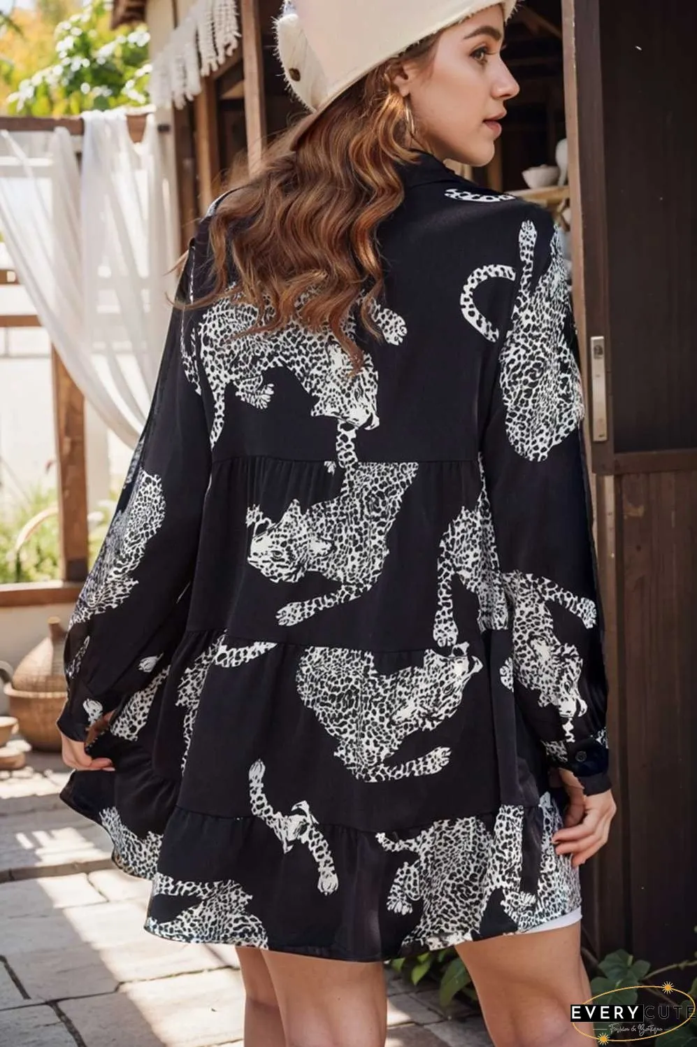 leopard print collared button up shirt dress with ruffled sleeves