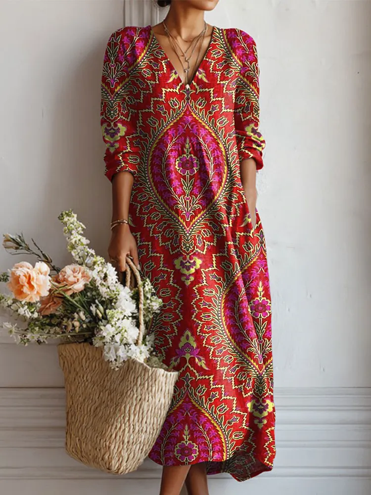 Women's Vintage Flower Art Print Linen Pocket Dress