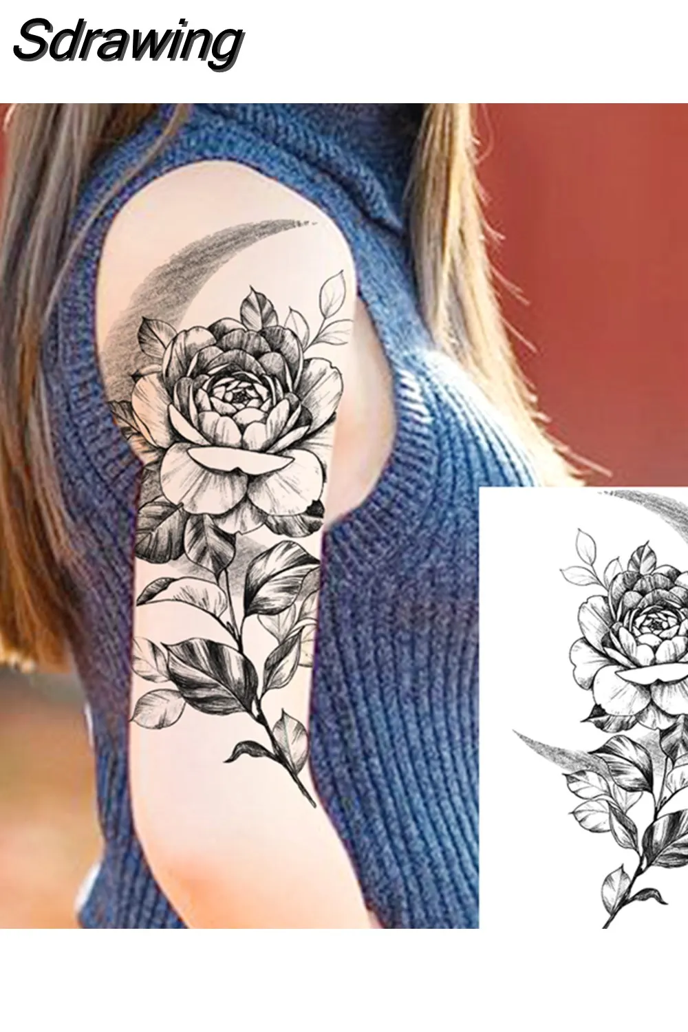 Sdrawing Peony Flower Temporary Tattoos For Women Adults Realistic Compass Moon Pendant Fake Tattoo Sticker Arm Body Tatoos 507-1