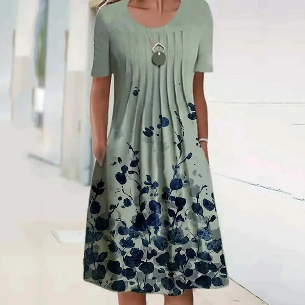 Brownm Floral Print Round Neck Pocket Mid-length Dresses