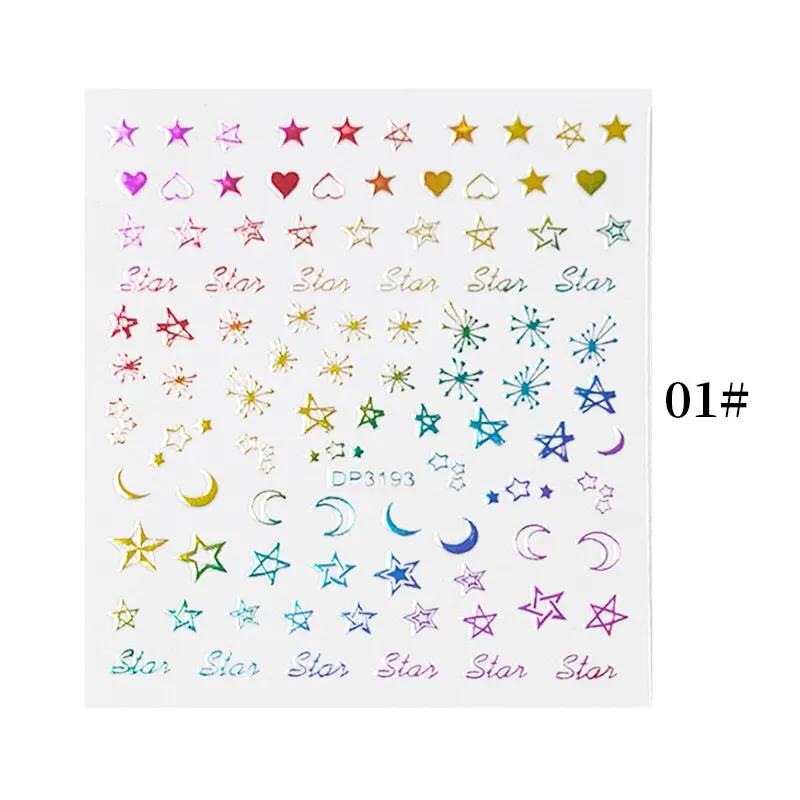 English Letter Design 3D Nail Stickers Iridescent Geometrics Gold Stars Moon Transfer Nail Art Sliders Decoration Accessories