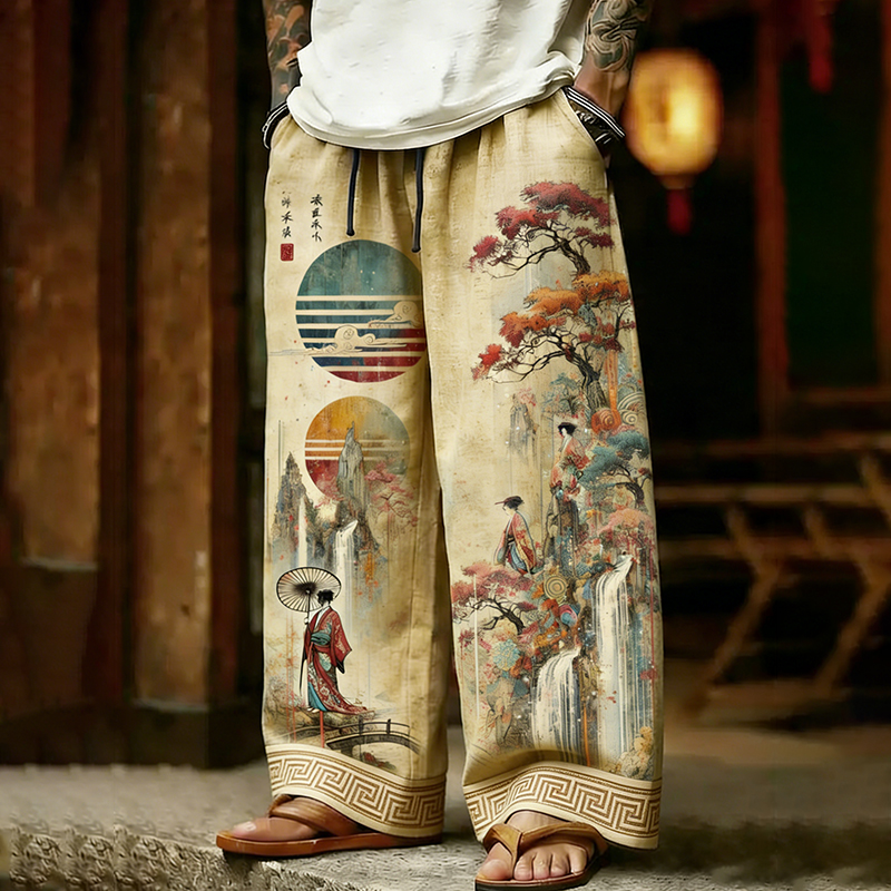 Vintage Elegant Japanese Geisha With Floral Printed Art Linen Blend Pants elevenforest