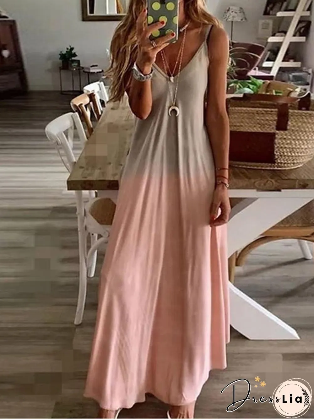 Women's Strap Dress Maxi long Dress Sleeveless Color Gradient Summer