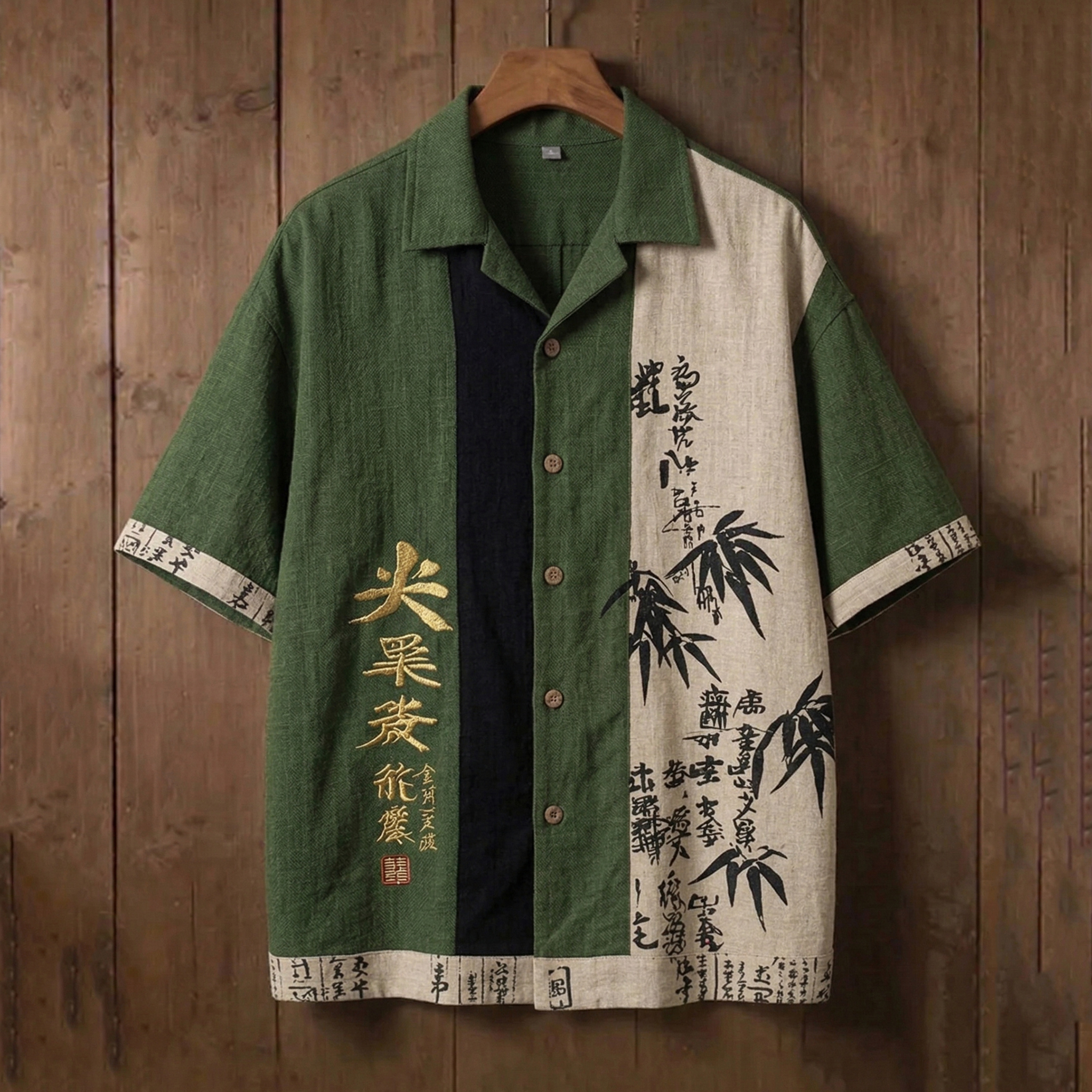 Men's Calligraphy Bamboo Patchwork Art Print Short Sleeve Shirt elevenforest