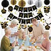 Birthday Decorations, Happy Birthday Banner with Honeycomb Ball, Gift Hanging Swirl Streamer, Circle Dot Garland - Happy Birthday Party Decorations for Men Women Boys Girls (Black & Gold, 40th)