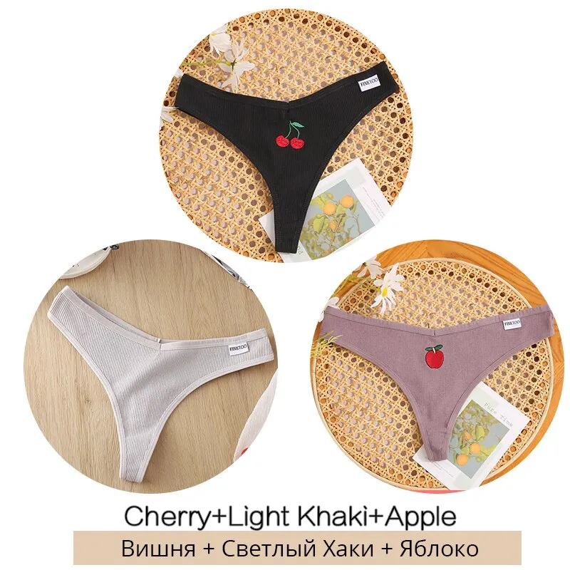 FINETOO 3Pcs/set Cotton Thongs Women Fruit Embroidery G-string Panties M-XL Low Waist T-back Underpants Ladies Underwear Panty