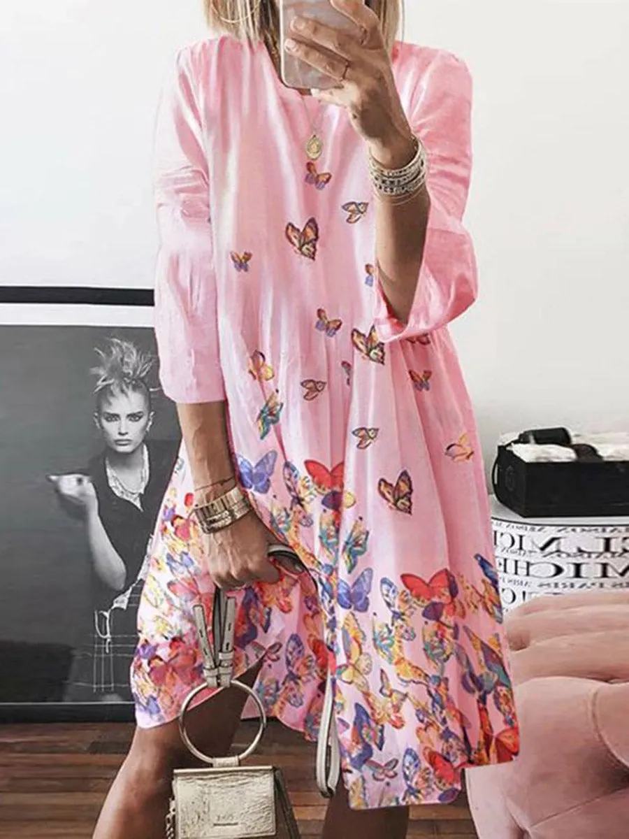 Round Neck Long Sleeves Floral Dress