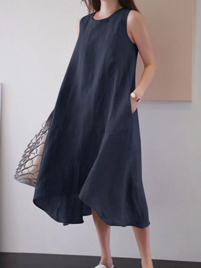 Casual Solid Color Cotton And Linen Dress