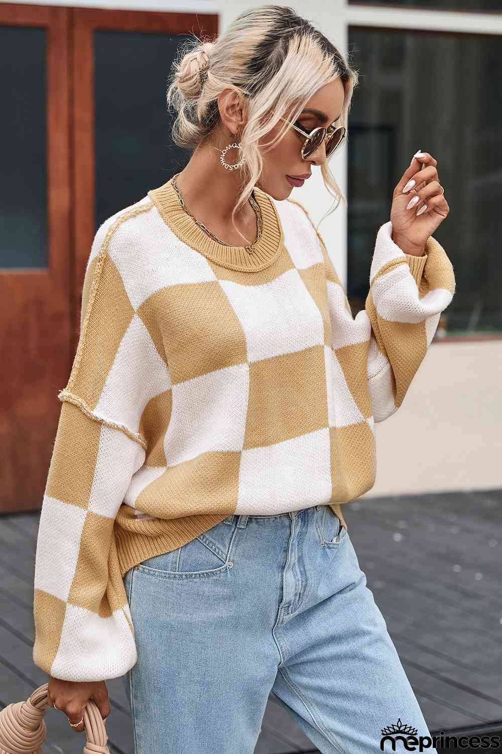 Checkered Exposed Seam Drooped Shoulder Sweater