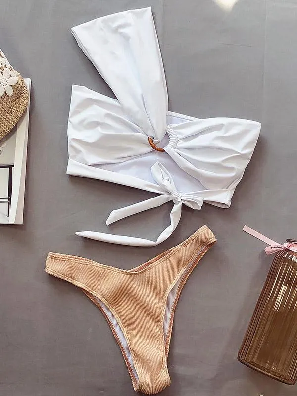One-Shoulder Bandage Colorblock Split Bikini Swimsuit