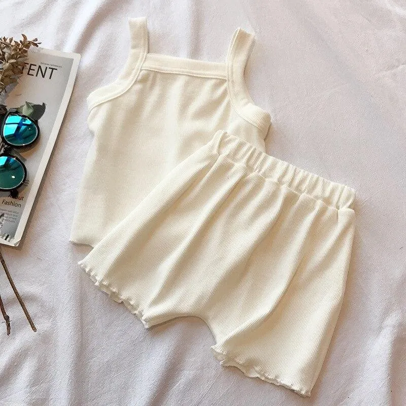 Baby Girls Suspender Vest T-Shirt Shorts Pants 2Pcs Sleeveless Summer 1 2 3 4 5 Year Toddler Kids Outfits Children Clothing Set