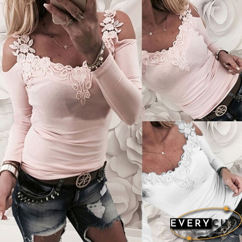 Lace Out Flowers Crochet Long Sleeve Blouse Womens Sexy Cold Shoulder Slim Tops