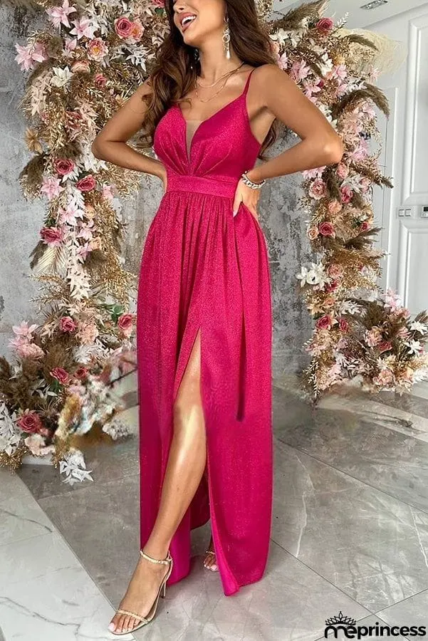 Formal Ready Shiny Fabric Mesh Slit Maxi Dress
