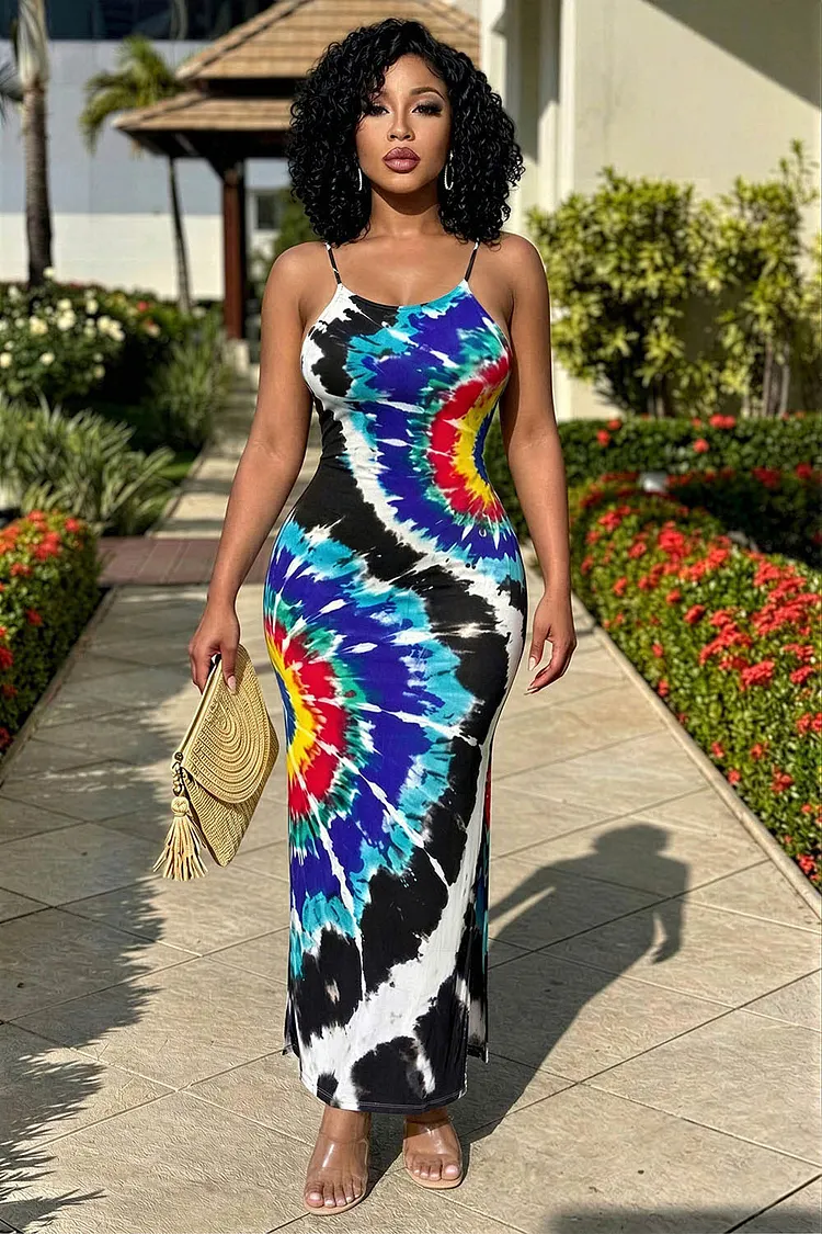 Cami Neck Colorblock Tie Dye Vacation Maxi Dresses-Multicolor [Pre Order]