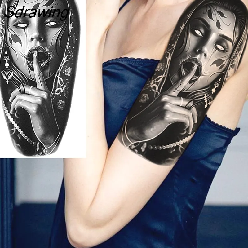 Sdrawing Warrior Punk Skeleton Gangster Rose Flower Temporary Tattoos For Women Men Lion Tiger Skull Rose Fake Tattoo Sexy Arm