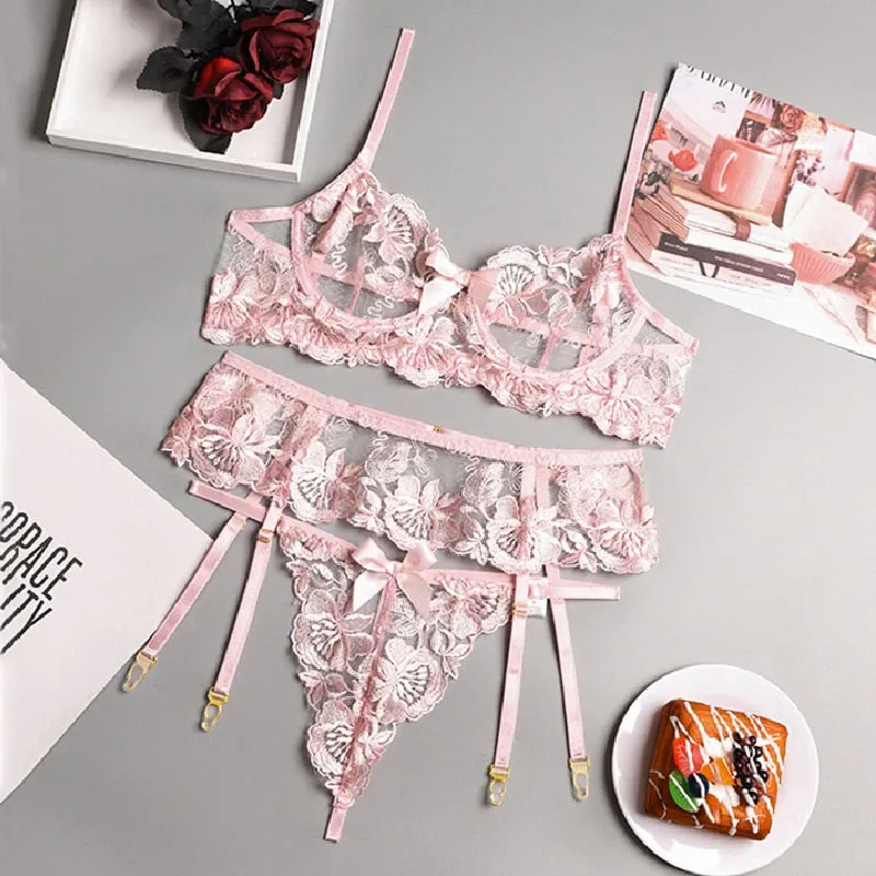 Women Transparent Lingerie See Through Erotic Bra and Panty Set Sexy Embroidery Garters Thong Set Thin Lace Secret Underwear