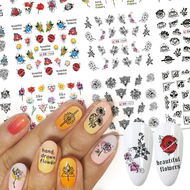 Nail Stickers Water Transfer Colorful Art Flowers Designs 12Pcs/Set Nail Decal Decoration Tips For Beauty Salons-Nail Inspo